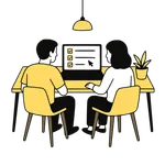 Illustration of two individuals at a table navigating DIY divorce guides and templates for Cambodia's legal process.